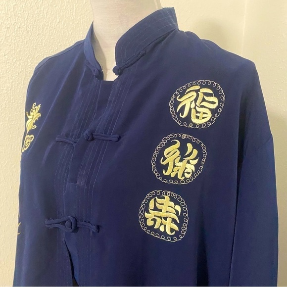 Vintage 100% Silk Mandarin Collar Dragon Embroidered Navy Jacket XXL NWT Unisex - Picture 1 of 9